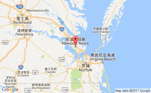美國(guó)海運(yùn)港口紐波特紐斯newport news港口地圖