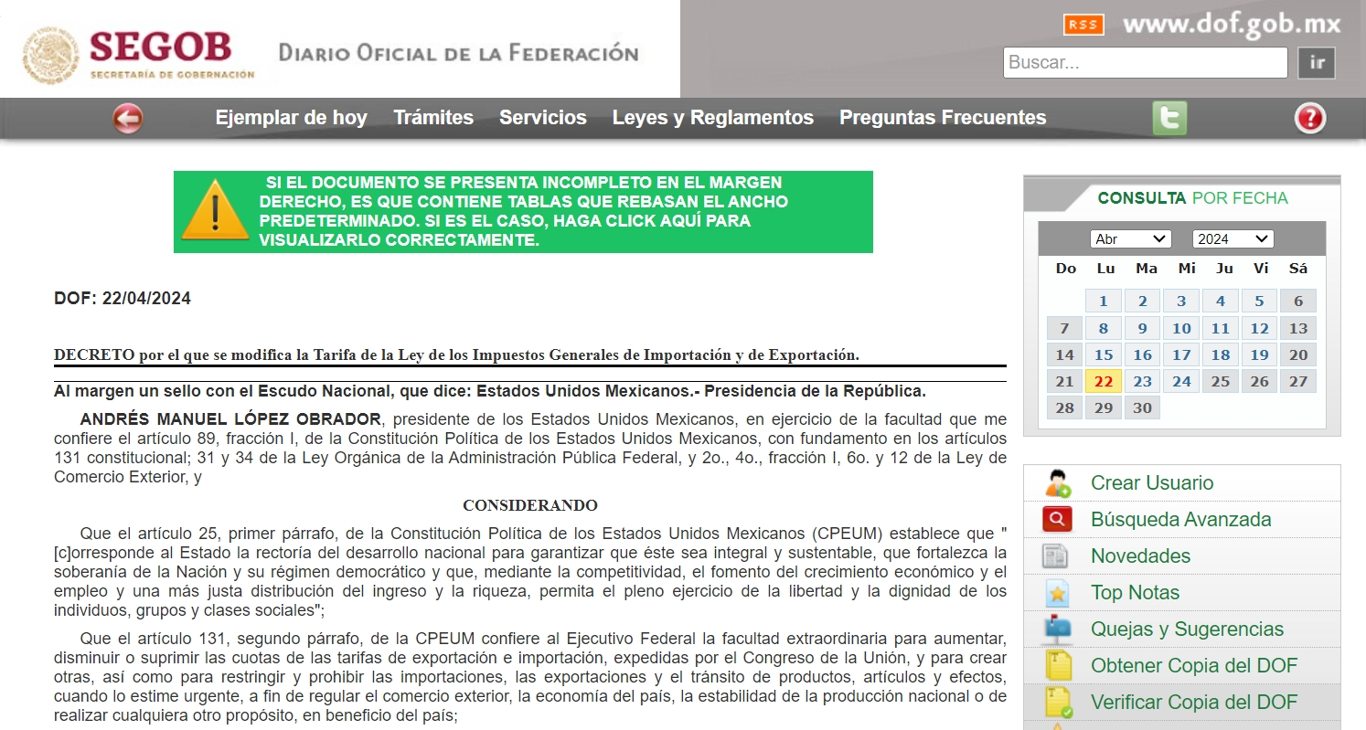 墨西哥宣布對部分進口商品征收臨時關稅